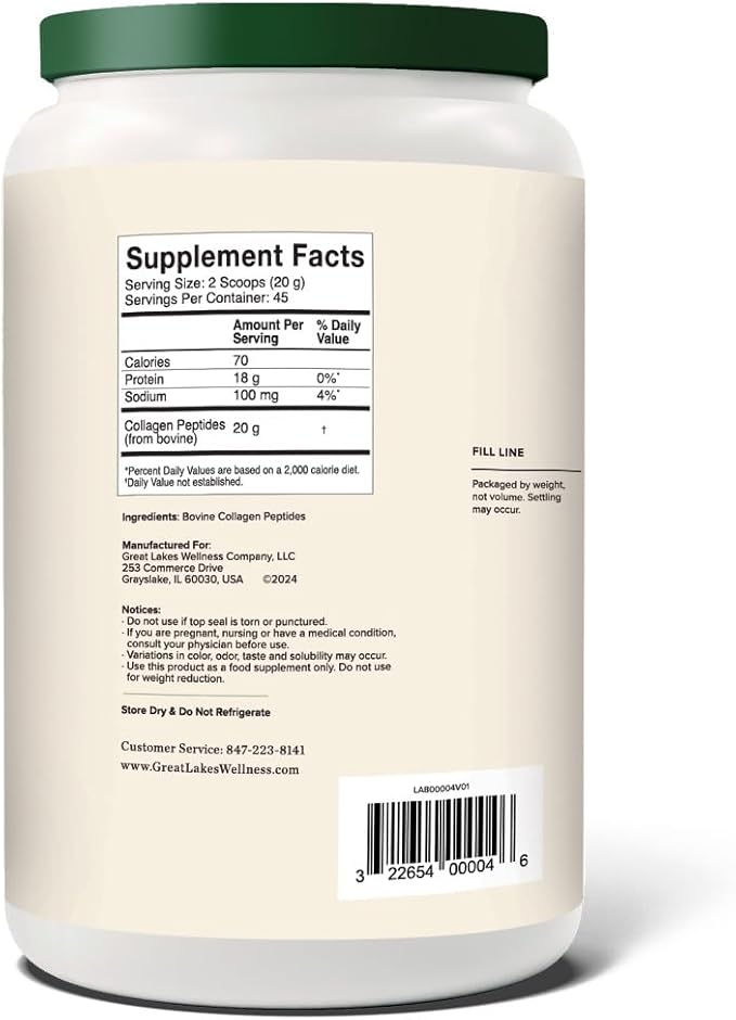 Great Lakes Wellness Bovine Collagen Peptides Powder for Skin, Hair, Nails, Joints & Digestion - Unflavored - Quick Dissolve Hydrolyzed, Non-GMO, Kosher - 32 oz