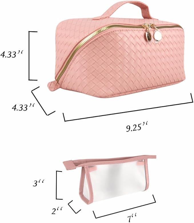 Large Capacity Travel Makeup Bag Organizer Makeup bag Set – Includes Transparent Pouch & Dust Bag PU Leather Cosmetic Bag Toiletry Bag for Women With Dividers, Handle Portable Design (Pink)