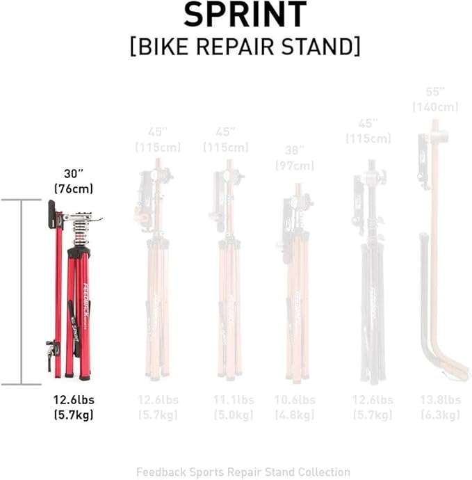 FEEDBACK SPORTS | Sprint Bike Repair Stand | Compact Bicycle Workstand W/Tripod Base | 360-Degree Rotation | Dropout Style Mount | Red