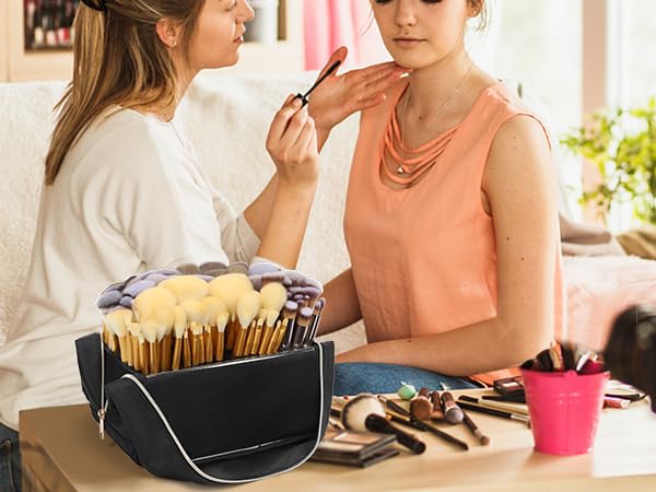 Large Makeup Brush Holder, Portable Stand-up Makeup Brush Organizer Bag, Foldable Makeup Brush Travel Case with Detachable Dividers, Professional Artist Makeup Brush Storage Bag (Brushes Not included)