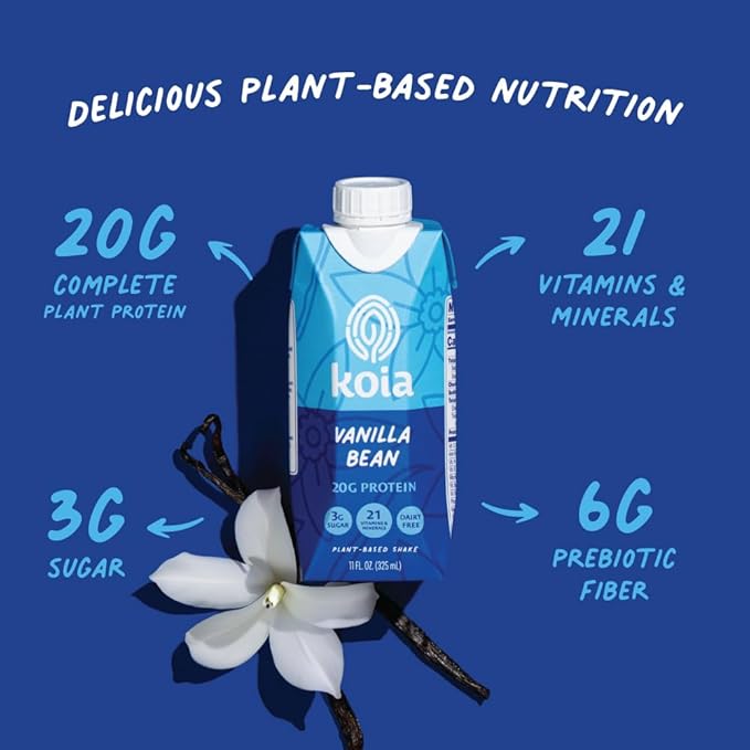 Koia Plant Based Protein Shake, Vanilla Bean, 20g Protein, 3g Sugar, 6g Prebiotic Fiber, 21 Vitamins & Minerals, Meal Replacement Drinks, Dairy-Free, Gluten-Free, Non-GMO, 11 Fl Oz (Pack of 18)