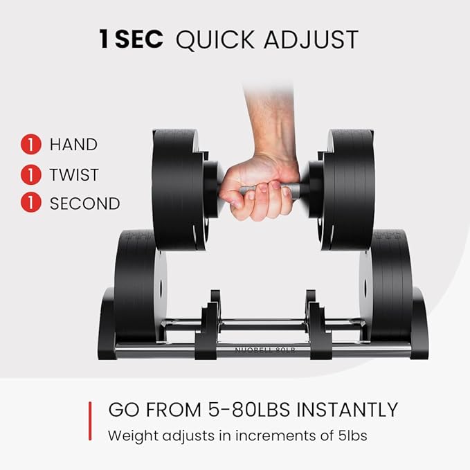 NUOBELL Adjustable Dumbbells 5-80 lbs: Replace 16 Sets, Ideal for Home Gym Weight Bench & Press