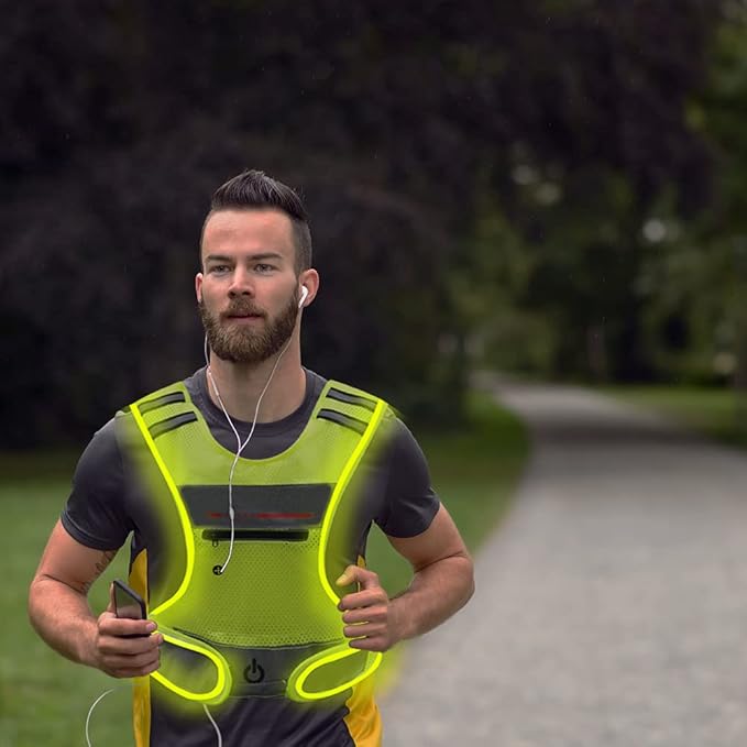 LED Reflective Vest Running Gear with Pouch, USB Charging & Ultralight Reflective Safety Vest | Large Pocket & Adjustable Waist for Night Running Cycling - 3 LED Glowing Modes Reflector Strips