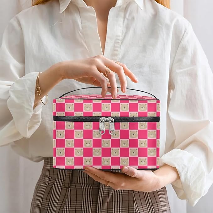 Large Makeup Bag Travel Cosmetic Bags for Women Pink Cute Checkered Plaid Bear Animal Makeup Organizer Case Toiletry Bag for Girls Traveling Wide Open Portable Pouch with Handle