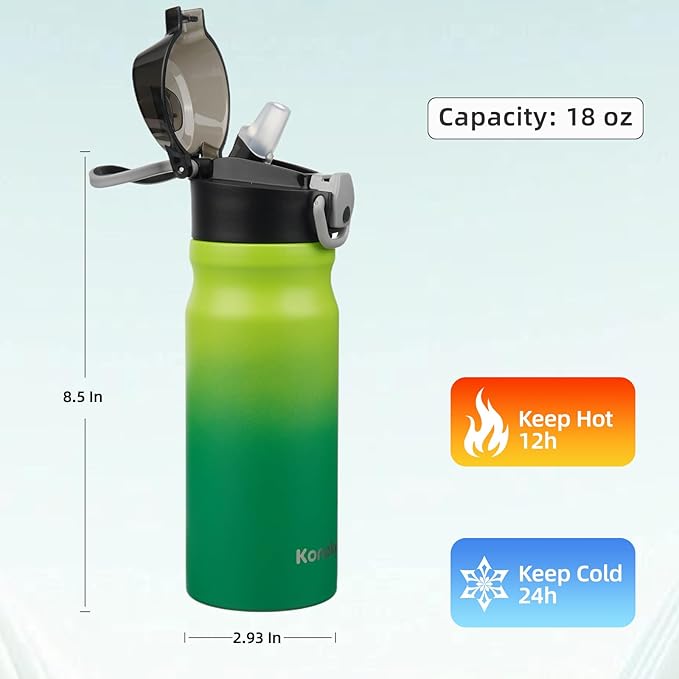 Insulated Water Bottle with Straw and Carry Loop,18 oz Stainless Steel Double Wall Vaccum Metal Water Flask with Leak-proof Lid,Matcha Green