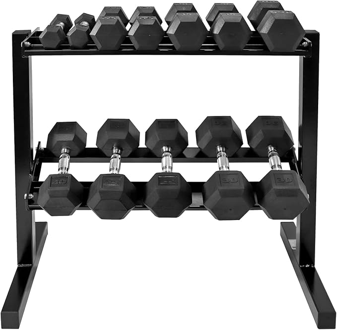 WF Athletic Supply Rubber Coated Hex Dumbbell Set with Two Tier Premium Storage Rack Built for Strength Building, Weight Loss & Home Gym β Multiple Sets Available