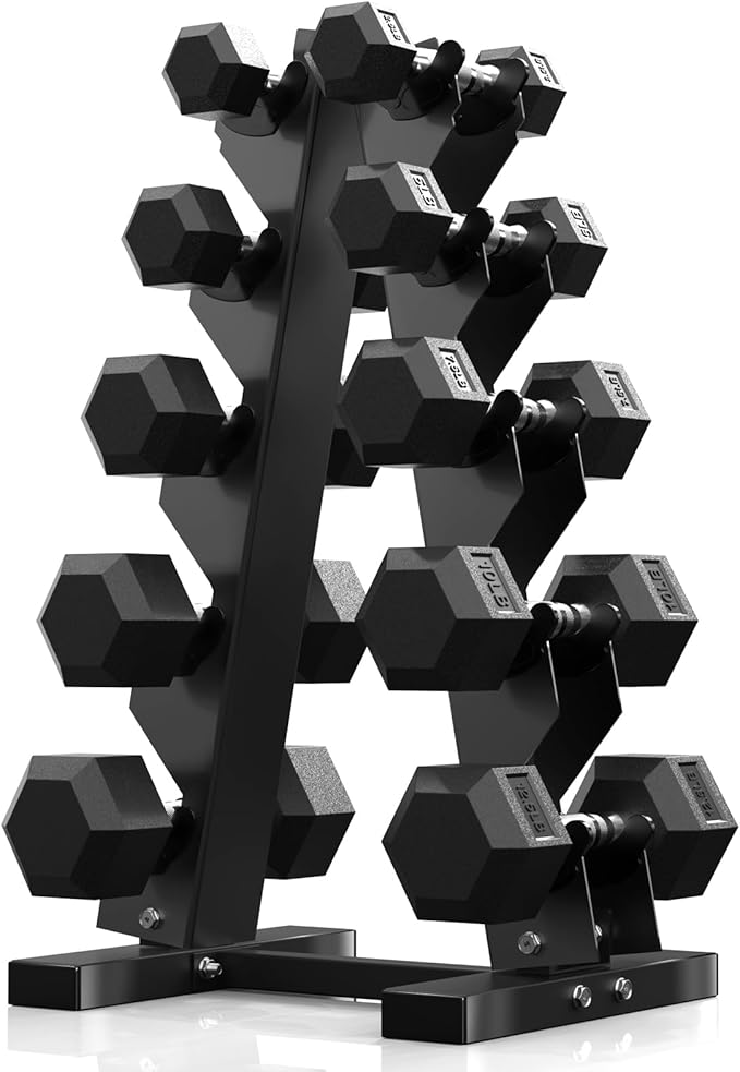 PAPABABE Hex Dumbbell Sets with Rack, 60-550lb Rubber Coated Dumbbell Weight Set and Storage Rack, Multiple Options Hand Weights for Strength Training