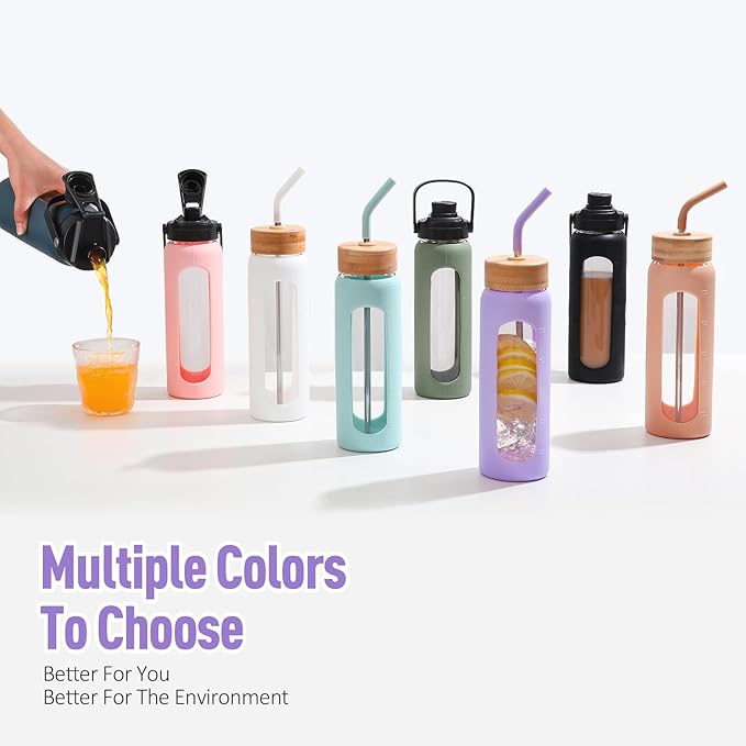 Kodrine Water Bottle with Straw, 24 oz Glass water Bottle with 2 Lids Bamboo Straw Lid and Spout Lid with Handle, 32 oz Clear Water Bottle Glass for Sports Travel, Waterbottle with Time Marker