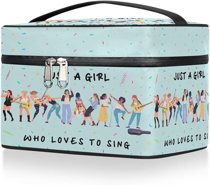 Large Makeup Bag Travel Cosmetic Bags for Women Teal Cute Colorful Music Guitar Pattern Makeup Organizer Case Toiletry Bag Wide Open Portable Pouch with Handle