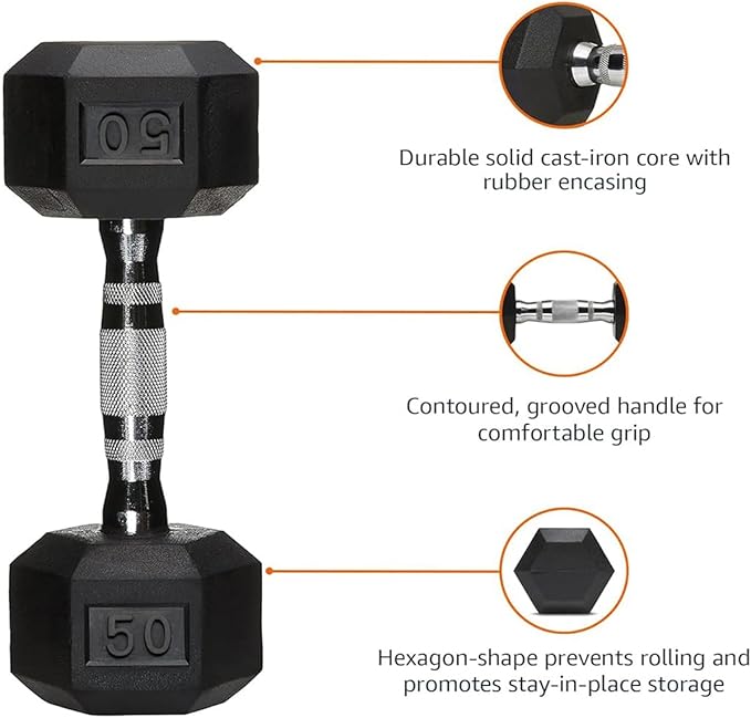 6-10 Pair Iron and Rubber Dumbbell Set 350/450 and 550 lbs 5-50 lbs Hand Free Weight for Strength Hex Coated Weights with Vertical Storage Rack Home Gym 5-50 lb - Black