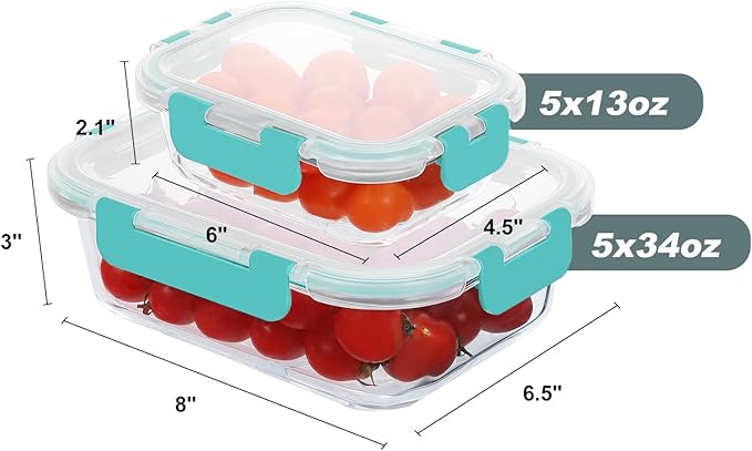 10 Pack Glass Food Storage Containers, Meal Prep Containers with Lids, Airtight Glass Lunch Boxes, Freezer, Oven, and Microwave Safe, Green