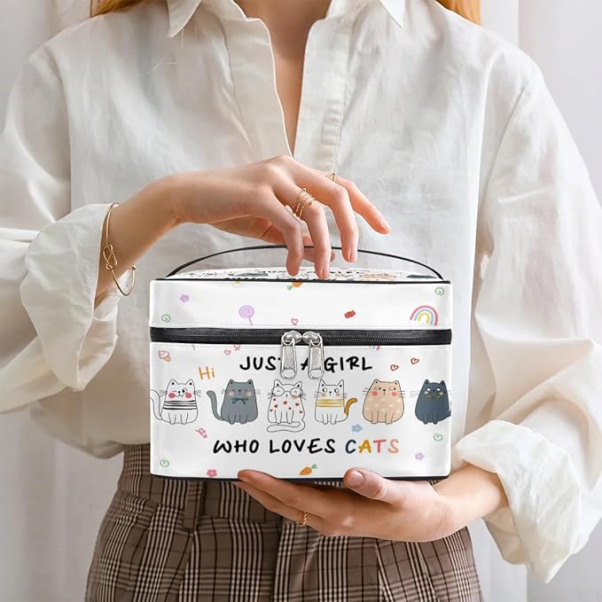Large Makeup Bag Travel Cosmetic Bags for Women Colorful Cute Cartoon Animal Cat Makeup Organizer Case Toiletry Bag for Girls Traveling Wide Open Portable Pouch with Handle