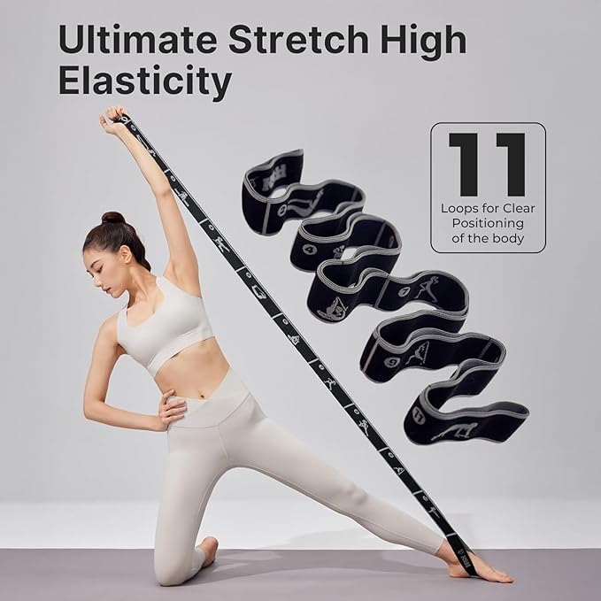 Elastic Yoga Strap with 11 Loops β Premium Stretch Band for Flexibility, Physical Therapy, Pilates, Leg & Full-Body Exercises β Non-Slip Fabric Resistance Band for Mobility & Strength Training