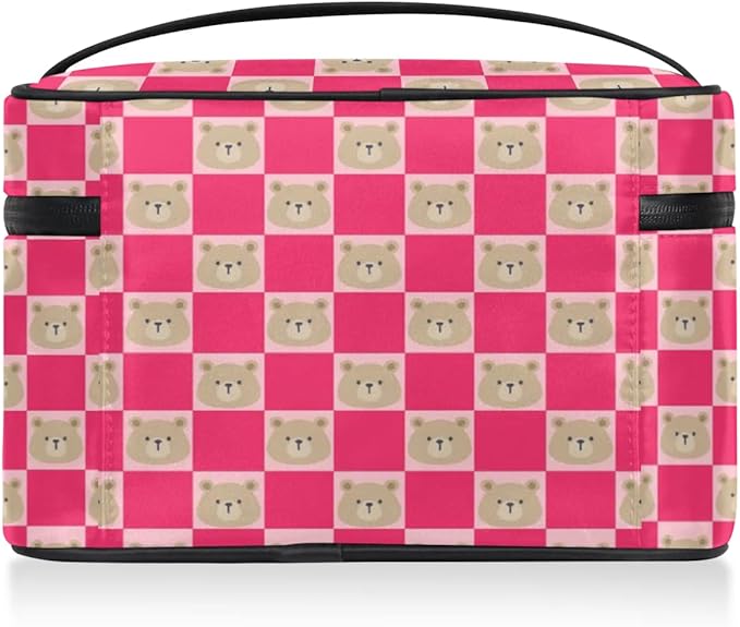 Large Makeup Bag Travel Cosmetic Bags for Women Pink Cute Checkered Plaid Bear Animal Makeup Organizer Case Toiletry Bag for Girls Traveling Wide Open Portable Pouch with Handle
