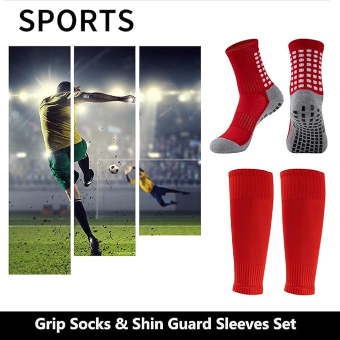 2 Set Anti-Slip Grip Soccer Socks with Shin Guard Sleeves, Sports Athletic Socks for Men Women