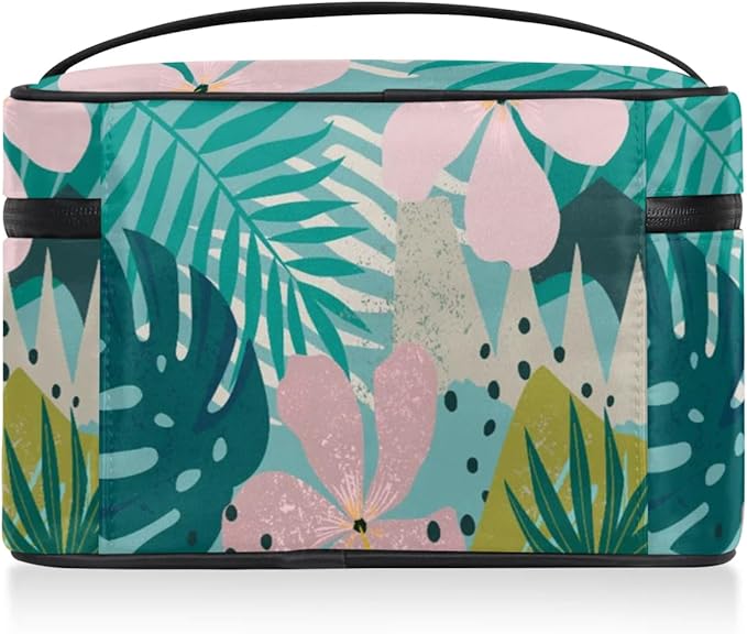 Large Makeup Bag Travel Cosmetic Bags for Women Teal Pink Tropical Palm Flower Floral Makeup Organizer Case Toiletry Bag for Girls Traveling Wide Open Portable Pouch with Handle