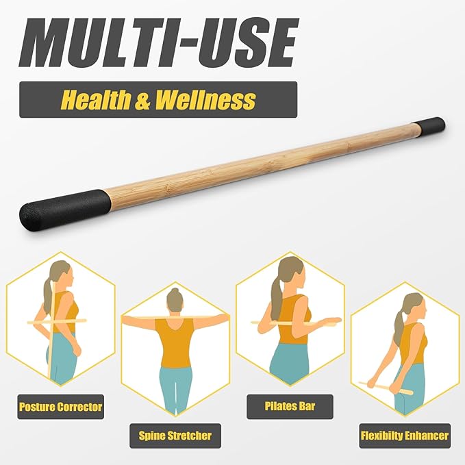 Bamboo Stretch Yoga Stick, 5ft/149 cm, Flexibility Stick for Physical Therapy, Premium Yoga Dowel with Super Sturdy Rubber Handle Ends, Exercise Bar for Posture Corrector