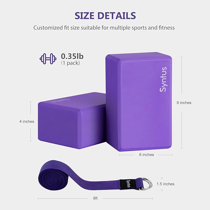 Syntus Yoga Block and Yoga Strap Set, 2 Soft Non-Slip Yoga Blocks 9×6×4 inches, 8FT Metal D-Ring Strap for Yoga, General Fitness, Pilates, Stretching and Toning