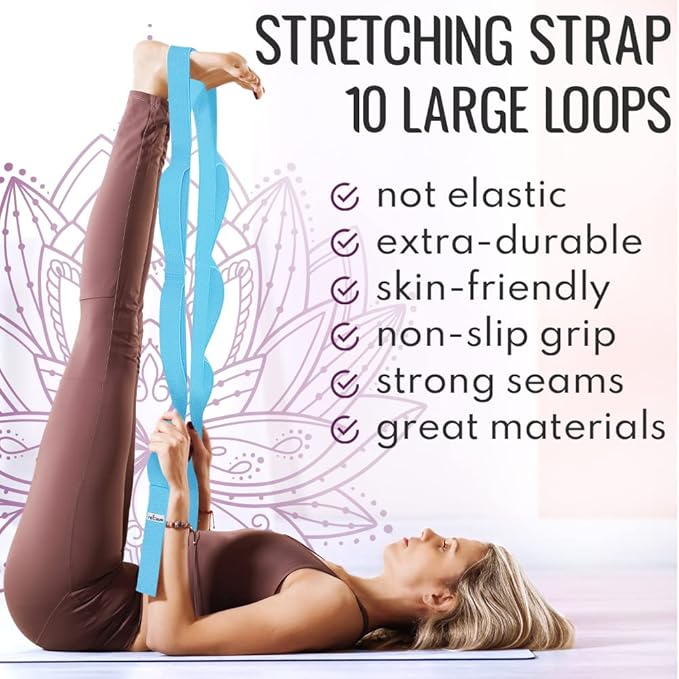 TECEUM Stretching Strap for Yoga & Physical Therapy – 10 Loops – Non-Elastic Leg Stretch Straps for Stretching, Exercising, Pilates, Post-Injury Rehabilitation for All Levels – Men & Women