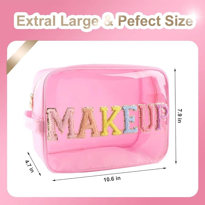 Large Clear Glitter Patches MAKEUP Pouch Preppy Transparent TPU and Nylon Cosmetic Bag Women (Pink-Makeup)