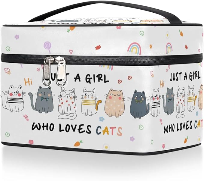 Large Makeup Bag Travel Cosmetic Bags for Women Colorful Cute Cartoon Animal Cat Makeup Organizer Case Toiletry Bag for Girls Traveling Wide Open Portable Pouch with Handle