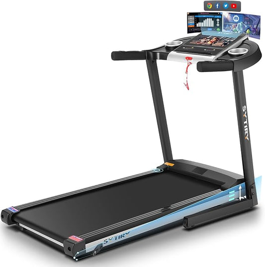 SYTIRY Treadmill with Touch Screen,3.25HP Treadmills for Home with TV and WiFi,Smart Foldable Treadmill with Music,3D Virtual Sports Scene,Popular APP for Social Networking,Walking/Running Machine