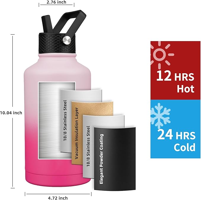 Insulated Water Bottle 64oz,Triple Wall Vacuum Stainless Steel(Dishwasher Safe),Leak Proof & Non-BPA,Flask Jug with Paracord Handle & Straw Spout Lids Sports