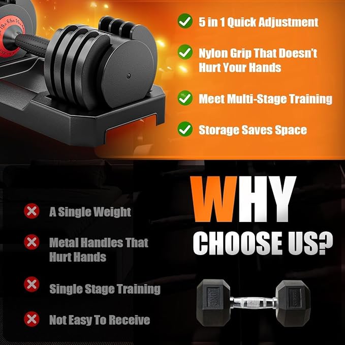 VEICK 25/55 lbs Adjustable Dumbbell with Anti-Slip Turning Handle, Fast Adjust Weight for Men Women, Exercise Equipment with Tray for Home Gym Full Body Workout Fitness