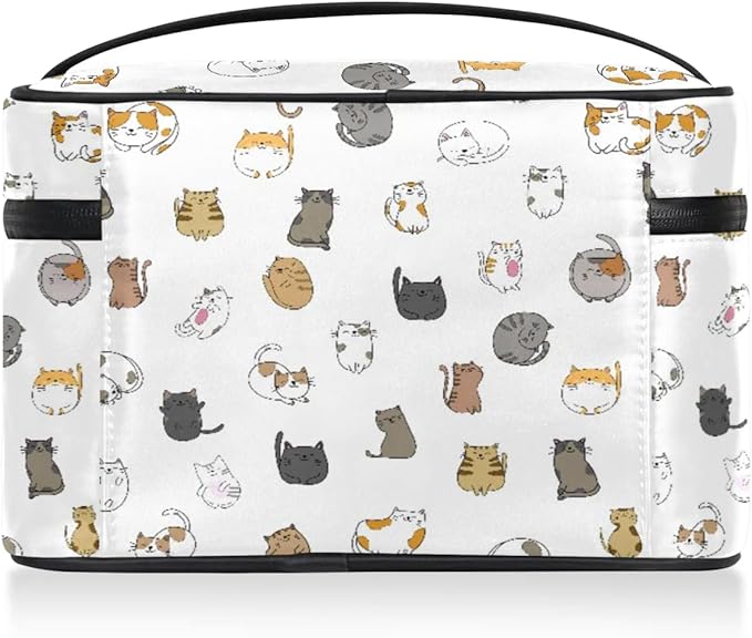 Large Makeup Bag Travel Cosmetic Bags for Women White Cute Colorful Animal Cat Makeup Organizer Case Toiletry Bag for Girls Traveling Wide Open Portable Pouch with Handle