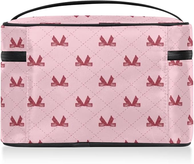 Large Makeup Bag Travel Cosmetic Bags for Women Pink Cute Plaid Checkered Geometric Makeup Organizer Case Toiletry Bag for Girls Traveling Wide Open Portable Pouch with Handle