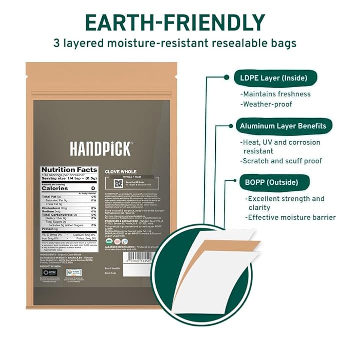 HANDPICK Organic Cloves Whole (2.3oz, 65g) Premium Cloves from South India | Packed in a Resealable Zip Lock Pouch | Perfect for Cooking, Smoothies, Pomander Balls & Tea