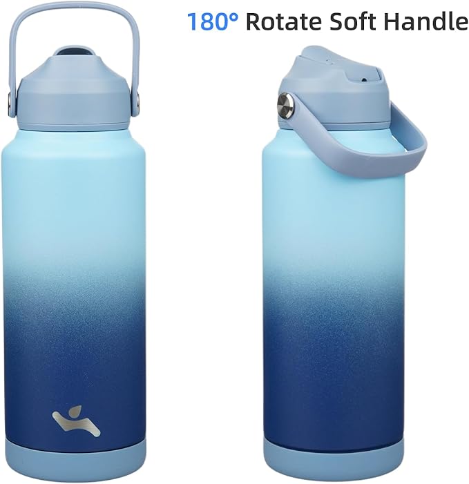 Insulated Water Bottle with Straw Lid,32 oz Stainless Steel Vacuum Metal Bottle with Silicone Handle, Sky