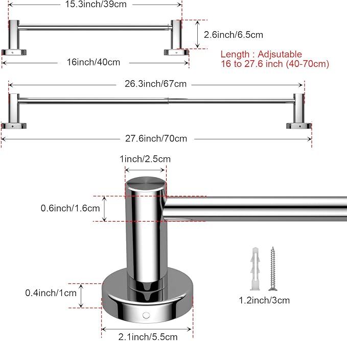 2 Pack Adjustable 16 to 27.6 Inch Single SUS304 Stainless (1" Diameter)