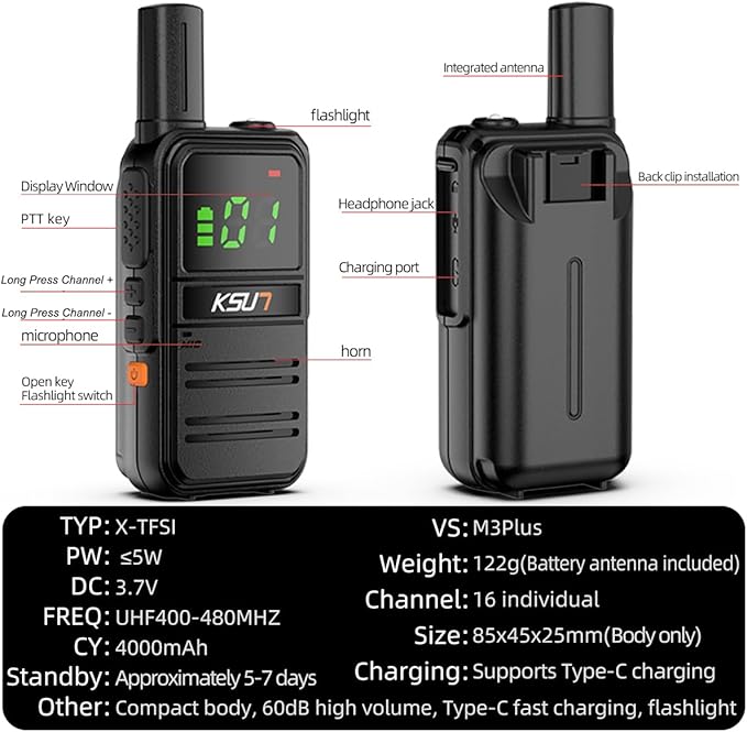 2 Pack Long Distance Walkie Talkies Portable FRS 4000mAh Rechargeable 16 Channel M3Plus