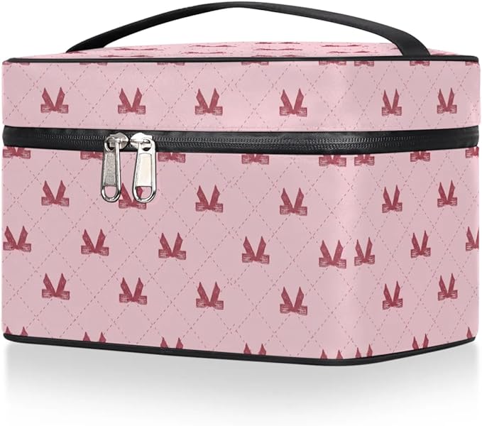 Large Makeup Bag Travel Cosmetic Bags for Women Pink Cute Plaid Checkered Geometric Makeup Organizer Case Toiletry Bag for Girls Traveling Wide Open Portable Pouch with Handle