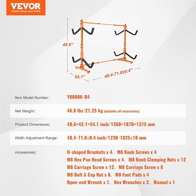 VEVOR Freestanding Kayak Storage Rack, Kayak Stand for 2 or 4 Kayak Canoe Paddleboard, Heavy-Duty Steel Kayak Hanger Holder with Padded Arms and Adjustable Width,for Indoor Outdoor Garage