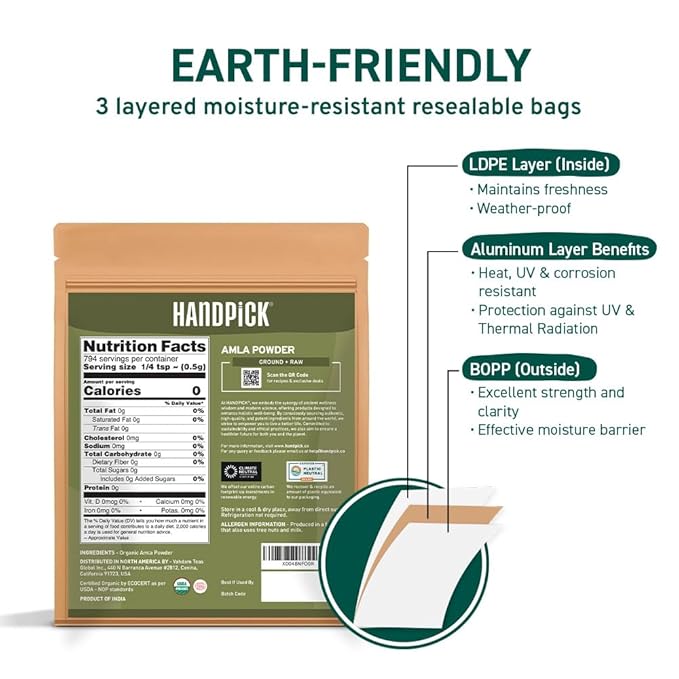 HANDPICK Organic Amla Powder (14oz) Amalaki, USDA Organic, Non-GMO | 100% Raw and Natural - Lab Tested for Purity | Indian Gooseberry Powder | Resealable Zip Lock Pouch