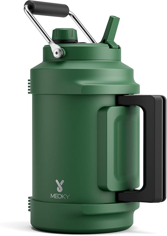 1 Gallon Insulated Water Bottle for Hiking: Meoky 128 oz Triple Wall Vacuum Stainless Steel Metal Water Jug - Top and Side Handles, Cold for 48 Hrs, 2-in-1 Straw and Spout Lid, Leakproof for Gym (Fir)
