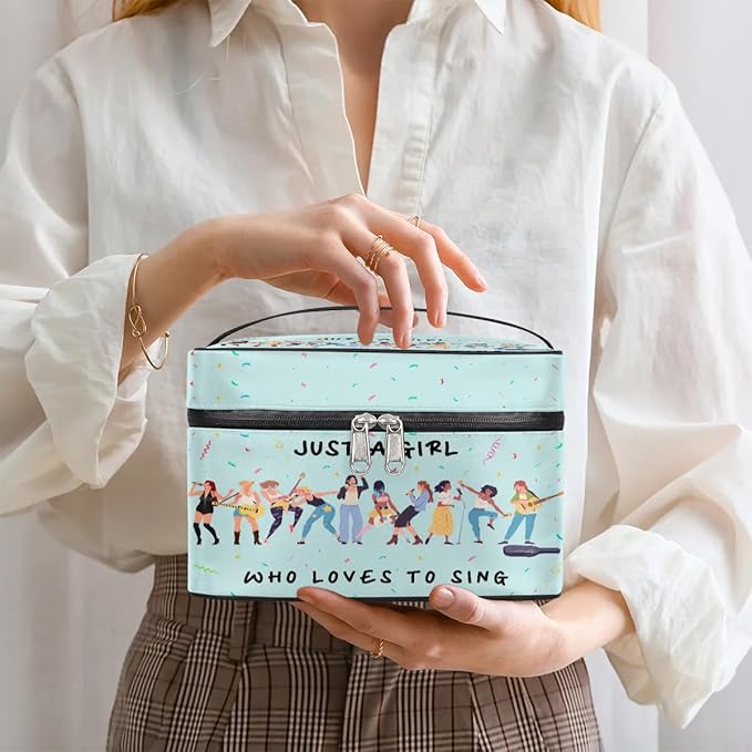 Large Makeup Bag Travel Cosmetic Bags for Women Teal Cute Colorful Music Guitar Pattern Makeup Organizer Case Toiletry Bag Wide Open Portable Pouch with Handle