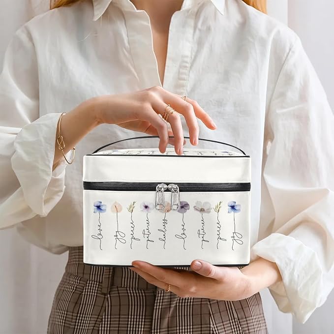 Large Makeup Bag Travel Cosmetic Bags for Women Watercolor Vintage Boho Spring Flower Floral Makeup Organizer Case Toiletry Bag for Girls Traveling Wide Open Portable Pouch with Handle