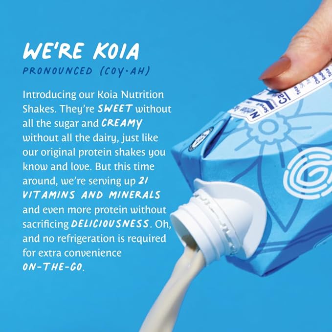 Koia Plant Based Protein Shake, Vanilla Bean, 20g Protein, 3g Sugar, 6g Prebiotic Fiber, 21 Vitamins & Minerals, Meal Replacement Drinks, Dairy-Free, Gluten-Free, Non-GMO, 11 Fl Oz (Pack of 12)