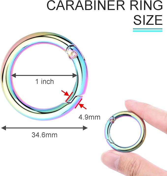 10Pack 1 Inch Metal Spring O Ring Clips Keychain, Round Carabiner Clips Keyrings Snap Hook Buckle, Purse Shoulder Bag Chain Ring Clip Replacement Paracord Keychain Lanyard Leather DIY Crafts (Rainbow)