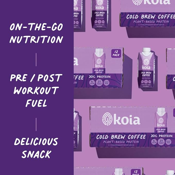 Koia Plant Based Protein Shake, Cold Brew Coffee, 20g Protein, 3g Sugar, 6g Prebiotic Fiber, 21 Vitamins & Minerals, Meal Replacement Drinks, Dairy-Free, Gluten-Free, Non-GMO, 11 Fl Oz (Pack of 12)