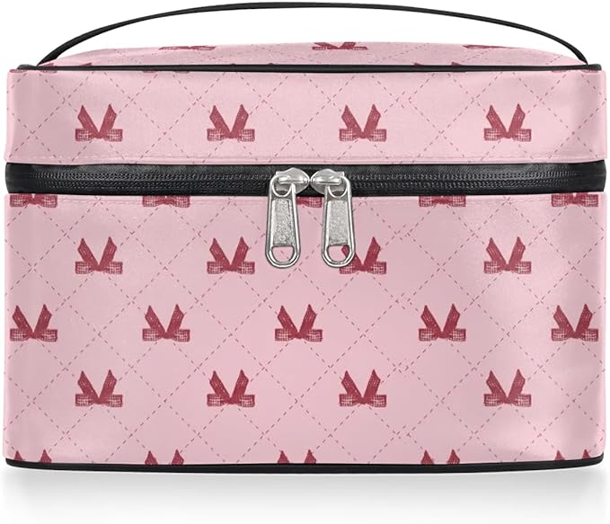 Large Makeup Bag Travel Cosmetic Bags for Women Pink Cute Plaid Checkered Geometric Makeup Organizer Case Toiletry Bag for Girls Traveling Wide Open Portable Pouch with Handle