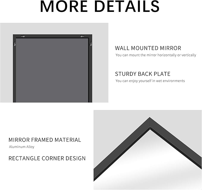 Black Bathroom Mirror for Wall, 72x36 Inch Rectangle Mirrors with Metal Frame, Modern Vanity Wall Mirror Decor for Entryway Hangs, Bathroom Living Room Horizontal or Vertical