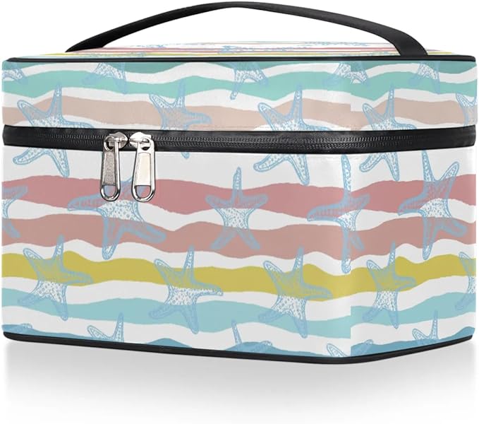Large Makeup Bag Travel Cosmetic Bags for Women Teal Blue Cute Stripe Nautical Starfish Makeup Organizer Case Toiletry Bag for Girls Traveling Wide Open Portable Pouch with Handle