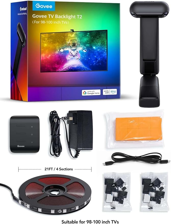Govee Envisual TV LED Backlight T2 with Dual Cameras, 21ft RGBIC Wi-Fi LED Strip Lights for 98-100 inch TVs, Double Strip Light Beads, for Home Decorations, Smart App Control, Music Sync