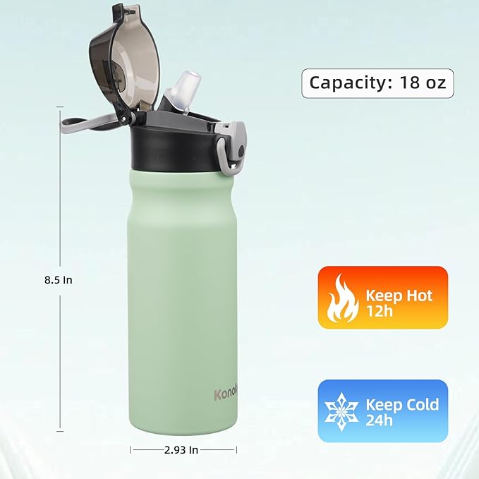 Insulated Water Bottle with Straw and Carry Loop,18 oz Stainless Steel Double Wall Vaccum Metal Water Flask with Leak-proof Lid, Avocado Green