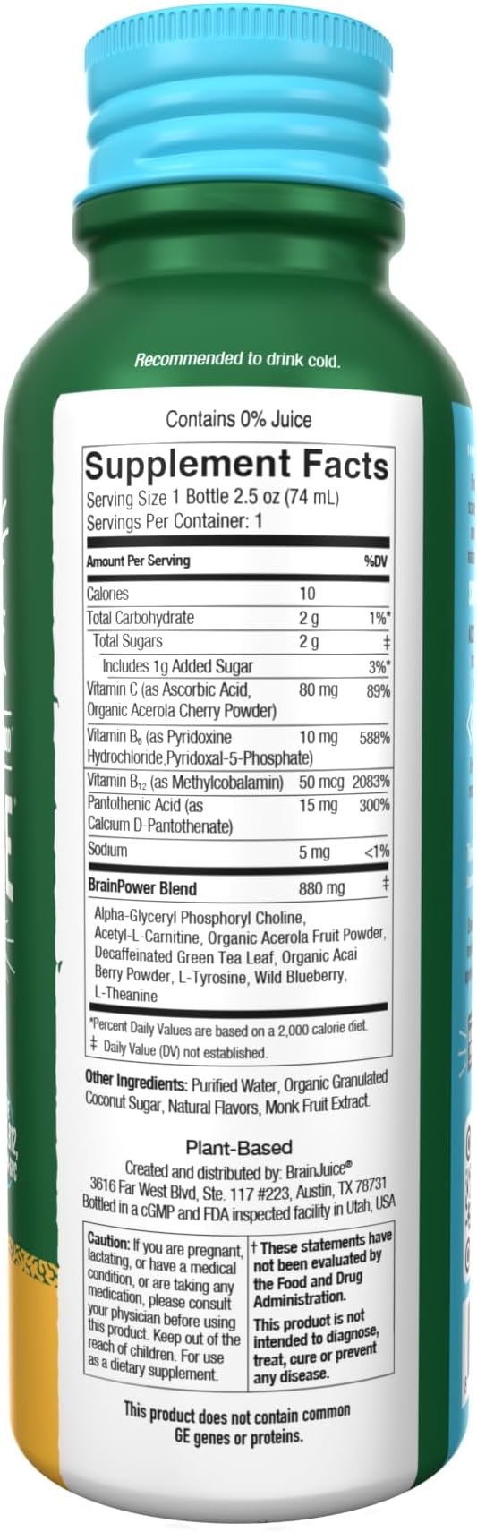 BrainJuice Decaf Brain Support Shot, Gluten Free Supplement Shots for Energy & Focus, Healthy Drinks with Alpha GPC, Vitamin B & Decaffeinated Green Tea Leaf, Classic, 2.5 fl oz, 12 Pack
