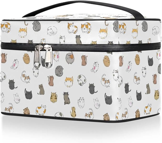 Large Makeup Bag Travel Cosmetic Bags for Women White Cute Colorful Animal Cat Makeup Organizer Case Toiletry Bag for Girls Traveling Wide Open Portable Pouch with Handle